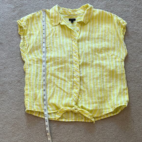 Talbots 100% Linen Butter Yellow Striped Button Up Tie Short Sleeve Top Sz Large - Picture 6 of 6
